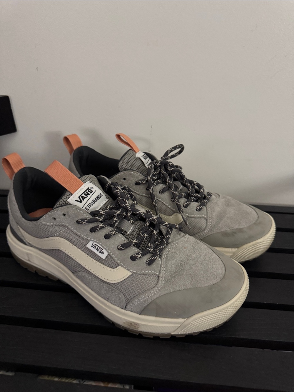 Vans Gray Suede & Mesh Low-Top Sneakers with Cream Stripe and Orange Pull Tabs